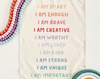 Banner colgante fácil de colgar con afirmaciones diarias para habitaciones infantiles, salas de juegos y guarderías. Decoración de pared para habitaciones infantiles, arte para guardería, regalo para padres primerizos {Arcoíris}