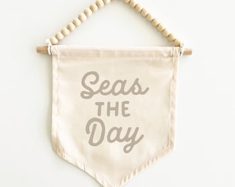 Seas The Day Canvas Hang Sign: Beach House Decor, Coastal Decor, Beach Decor, Kid's Beach Room Decor, Beach Nursery Decor  {Sand Grey}