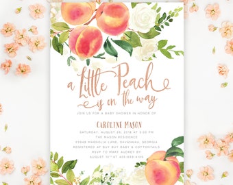 A Little Peach Baby Shower Invitation, Little Peach is on the Way Baby Shower Invite, Peaches Boy or Girl Shower Invite, Florals, Rose Gold