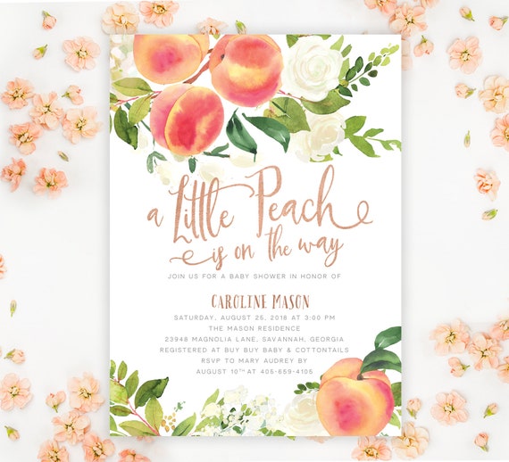 A Little Peach Baby Shower Invitation, Little Peach is on the Way Baby Shower Invite, Peaches Boy or Girl Shower Invite, Florals, Rose Gold Il_570xn