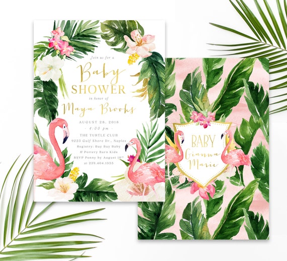 Flamingo Baby Shower Invitation, Summer Baby Shower Invite, Tropical Baby Shower, Girl Baby Shower, Pink, Gold, Let's Flamingle- Maya Il_570xn