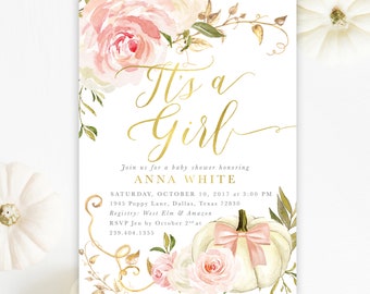 Girl Pumpkin Baby Shower Invitation, Girl Fall Baby Shower Invitation, Pumpkin Invite - Printed Invitations Optional - Fall 11