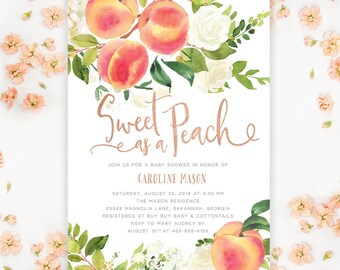 Sweet as a Peach Baby Shower Invitations | Peaches Baby Invite with Envelopes - Rose Gold | Invitation Printing or Digital