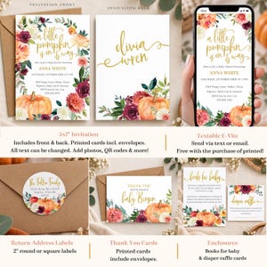 May include: A baby shower stationery set featuring a floral pumpkin theme with gold script text. Includes a 5x7 inch invitation, a digital e-vite, round return address labels, thank you cards, and enclosure cards for books and diaper raffles.