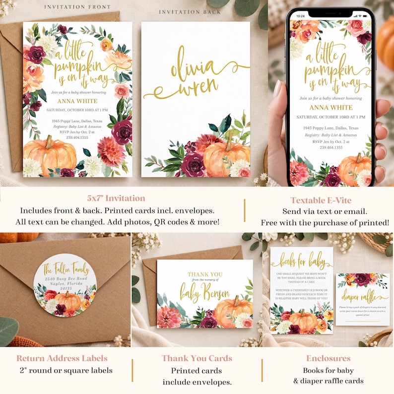 May include: A baby shower stationery set featuring a floral pumpkin theme with gold script text. Includes a 5x7 inch invitation, a digital e-vite, round return address labels, thank you cards, and enclosure cards for books and diaper raffles.
