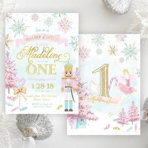 May include: Two rectangular party invitations featuring a nutcracker, a ballerina, pink trees, and snowflakes. The text reads: Join us in the LAND of SWEETS to celebrate Madeline turning ONE, 1-28-18 at 5:00 PM, and RSVP to Jane at 239.423.1435.
