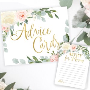 Consejos imprimibles para la tarjeta de mamá, juego y letrero de baby shower, oro, rosas rosas ruborizadas y flores blancas, DESCARGA INSTANTE - Laurel Floral