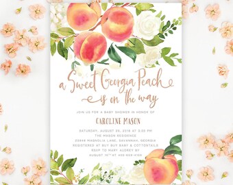 Sweet Georgia Peach Baby Shower Invitations | Peaches Invite with Envelopes - Rose Gold | Invitation Printing or Digital