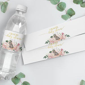 Bunny Water Bottle Labels: Bunny Baby Shower Water Bottle Label, Bunny Birthday Water Bottle Label - Printed or Printable - Floral Penny