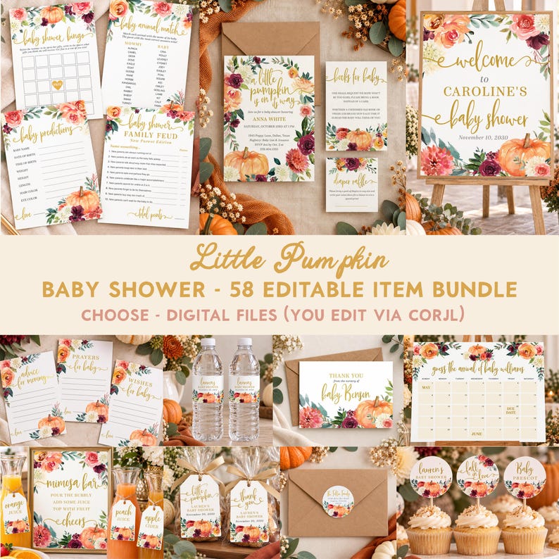 May include: A collection of baby shower stationery and party supplies featuring a pumpkin and floral theme with gold text. Items include game cards, signs, labels, and tags with the text Little Pumpkin Baby Shower 58 Editable Item Bundle.