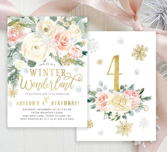 Winter Wonderland Birthday Invitation Girl, Pink Winter Wonderland Birthday Party Invite, Floral Winter Birthday Party, ANY AGE, Holiday 46 Il_570xn