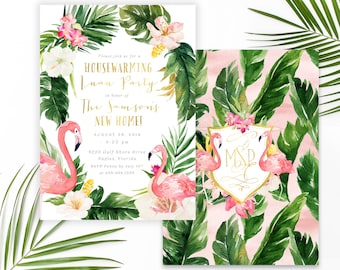 Housewarming Luau Party Invitation, Flamingo Housewarming Party Invite, Summer Tropical Housewarming Party Invitation, Gold - Maya
