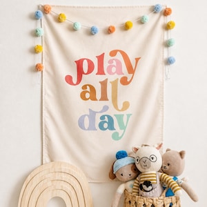 Play All Day Easy Hang Banner™ for Kid's Rooms, Playrooms & Nursery. Children's Room Wall Decor - Vertical