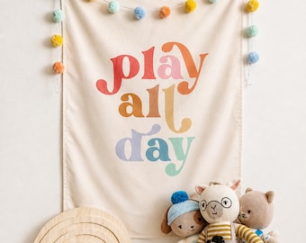 Play All Day Easy Hang Banner™ for Kid's Rooms, Playrooms & Nursery. Children's Room Wall Decor - Vertical