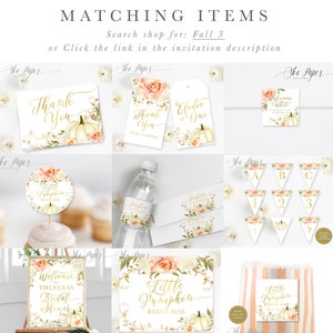 May include: A set of printable fall-themed party decorations featuring a white pumpkin with gold accents and floral details. The set includes a welcome sign, thank you cards, favor tags, cupcake toppers, water bottle labels, and a banner. The text on the sign reads "Welcome to Theresa's Bridal Shower".