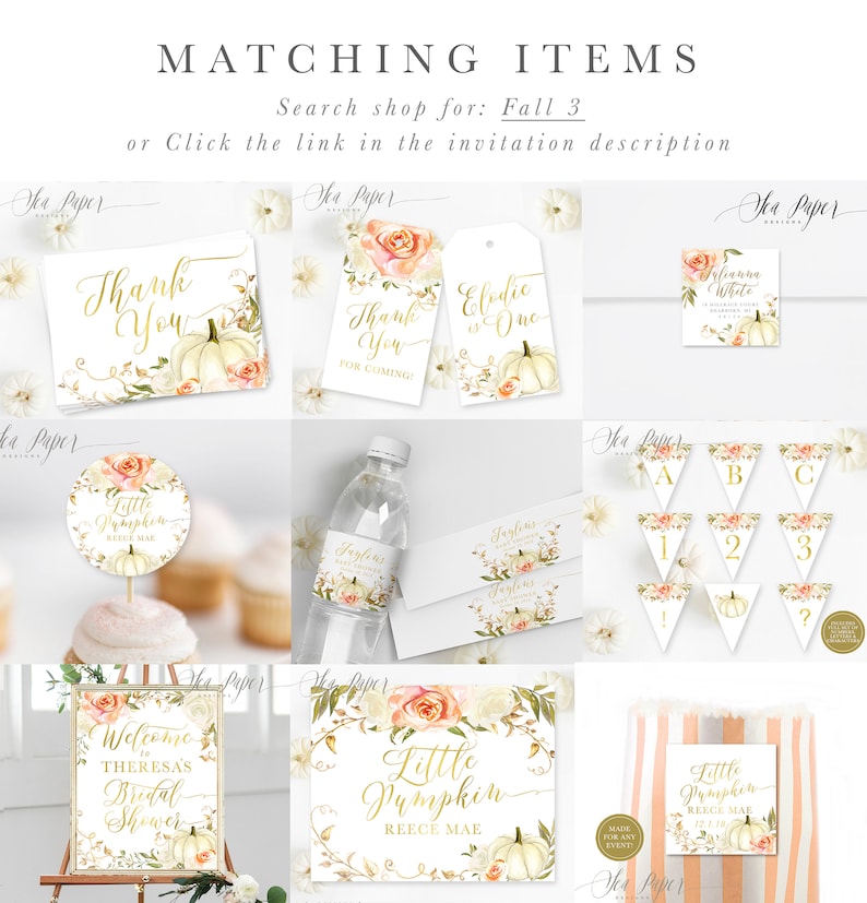 May include: A set of printable fall-themed party decorations featuring a white pumpkin with gold accents and floral details. The set includes a welcome sign, thank you cards, favor tags, cupcake toppers, water bottle labels, and a banner. The text on the sign reads "Welcome to Theresa's Bridal Shower".