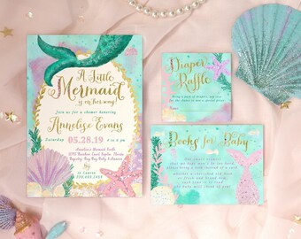 Inbjudningar till babyshower med sjöjungfrumotiv | Lilla sjöjungfrun under havet, tryckta inbjudningar med kuvert - Annelise | Tryck eller digital inbjudning