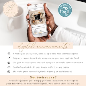 May include: A digital announcement template for a baby's ultrasound. The template features a styled photograph of a phone displaying a letterboard with the text "We're expecting a baby girl!" and a sonogram image. The text "Personalize with Corjl" is also visible in the image.