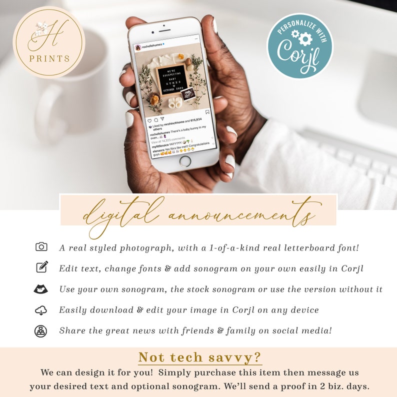 May include: A digital announcement template for a baby's ultrasound. The template features a styled photograph of a phone displaying a letterboard with the text "We're expecting a baby girl!" and a sonogram image. The text "Personalize with Corjl" is also visible in the image.