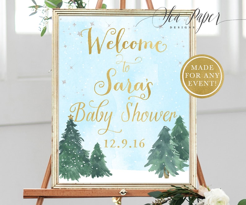 Baptism Sign Bridal Shower Blue Holiday Winter Trees and Snow Birthday Any Event! Welcome Sign Baby Holiday 1 Printed Digital