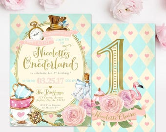 PRINTED Alice In Wonderland 1st Birthday Party Invitations: Girl Onederland Birthday Party Invites with Envelopes