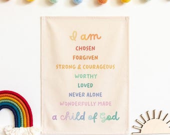 Biblical Affirmations Easy Hang Banner™ for Kids Rooms, Playrooms & Nursery. Biblical Wall Art, Gift for Expecting Parent {Rainbow}