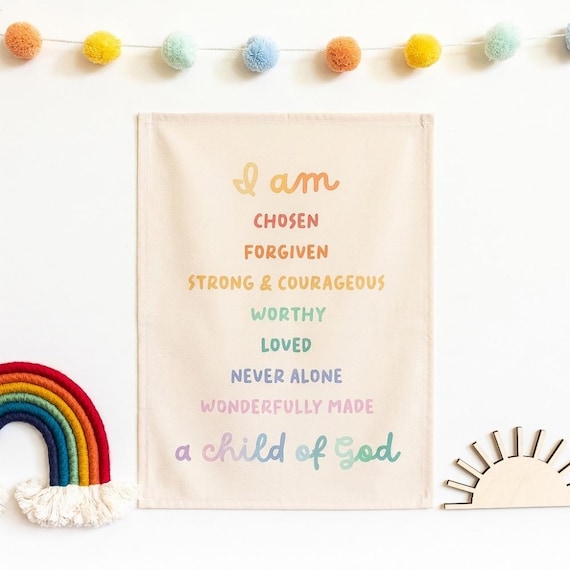 Biblical Affirmations Easy Hang Banner™ for Kids Rooms, Playrooms & Nursery. Biblical Wall Art, Gift for Expecting Parent {Rainbow}
