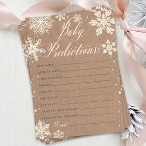 Kraft Winter Snowflakes Pink Baby Prediction Cards, Baby Shower Game - TÉLÉCHARGEMENT INSTANTANÉ, Carte de prédictions de bébé imprimable - Holiday 41