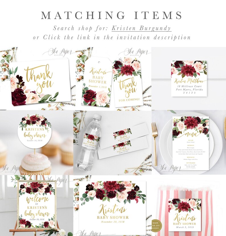 Baby Shower Invitation Girl, Girl Baby Shower Invite, Burgundy & Blush Baby Shower Invite, Floral Baby Shower - Printed, Printable - Kristen image 4