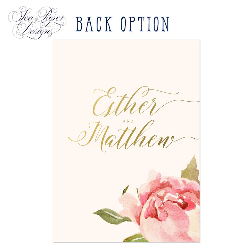 May include: Wedding invitation with a cream background and gold lettering. The names "Esther and Matthew" are written in a cursive font. A watercolor pink peony with green leaves is in the bottom right corner.