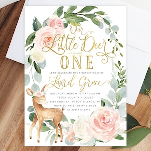 Deer Baby Birthday Invitation Girl, Little Deer Birthday Invite, Girl Deer Birthday Invite, Girl Woodland Birthday Invite - Pink Deer