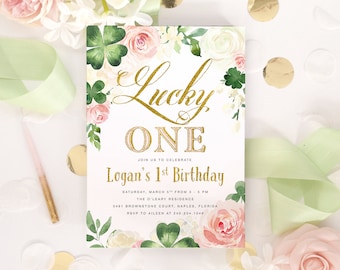 Lucky ONE, Girl 1st Birthday Invitation, St. Patty's Day Girl First Birthday Invite, St. Patrick's Day Birthday Party Shamrocks & Kelly Pink