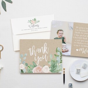 Girl First Birthday Invitation: Girl's Birthday Invite, Turning One, 1st Birthday, Floral, Blush Roses, Greenery, Kraft, Rustic, Boho - Mila Bild 6