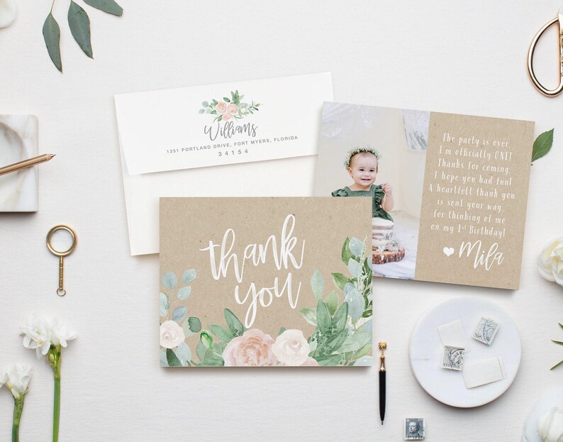 Girl First Birthday Invitation: Girl's Birthday Invite, Turning One, 1st Birthday, Floral, Blush Roses, Greenery, Kraft, Rustic, Boho - Mila Bild 6