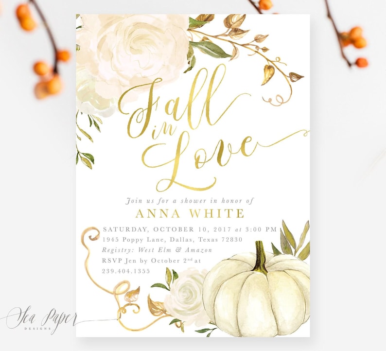 Custom Fall Bridal Shower Invitation: Fall in Love, Autumn Bridal Shower Invite Pumpkin, Gold & Roses - Fall 2 - Fall2BR01a Bild 3