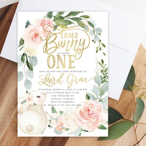 Some Bunny Is Turning One, Girl Bunny Birthday Invitation, Girl First Birthday Invitation, Girl 1st Birthday Invitation - Pink, Gold Reese
