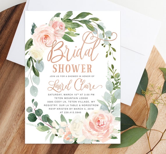 Gold Foil Romantic Rustic Eucalyptus Flowers Floral Blush White Watercolor Bridal Shower Invitation Printable Digital Download PDF