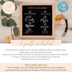 May include: A black chalkboard with a wooden frame displays eight different fonts, including "Letter Board", "Everly", "Retro", "Aria", "Smith", "Mila", "Basic", and "Pax". The text "8 fonts included" is written in a decorative font below the chalkboard. The image also includes a small wooden toy, a pacifier, and a beaded necklace.