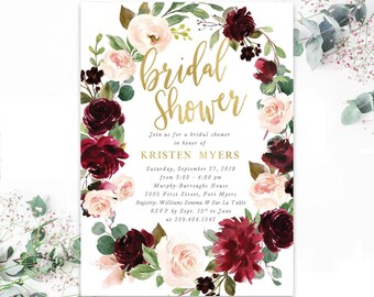 May include: A rectangular bridal shower invitation card featuring a watercolor floral wreath of deep burgundy and soft blush roses with green leaves. The text reads: bridal Shower, Join us for a bridal shower in honor of KRISTEN MYERS, Saturday, September 27, 2018, from 3:00 - 4:00 pm, Murphy-Burroughs House, 2505 First Street, Fort Myers, Registry: Williams Sonoma & Sur La Table, RSVP by Sept. 15th to Jane at 239.404.1542.