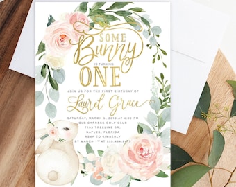 Some Bunny Is Turning One, Girl Bunny First Birthday Printed Invites and Envelopes - Pink, Gold Reese | Invitation Printing or Digital