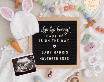 Editable Easter Pregnancy Announcement Baby #2 for Social Media ©, Spring Baby Announcement for Social Media, Letter Board Announcement