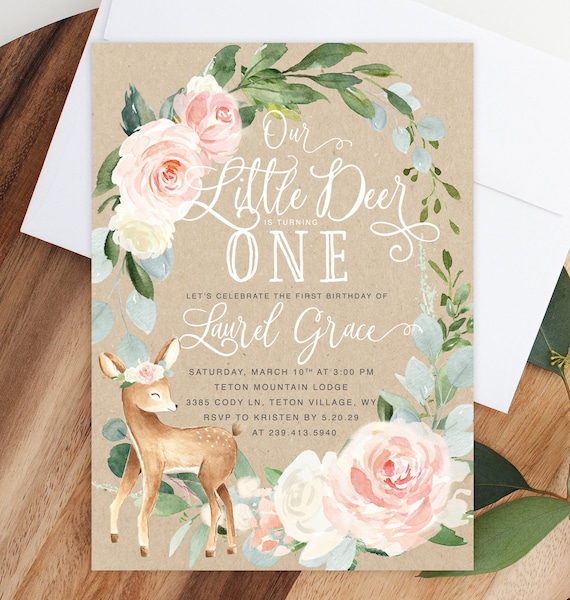 Deer Baby Birthday Invitation Girl, Little Deer Birthday Invite, Girl Deer Birthday Invite, Girl Woodland Birthday Invite - Pink Deer Il_570xn