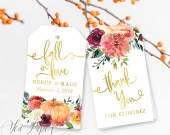 Fall Favor Tags - Pumpkin Favor Tag, Fall Burgundy Flowers & Orange Pumpkin - Printed,  Baby Shower, Bridal Shower, Birthday - Fall 7