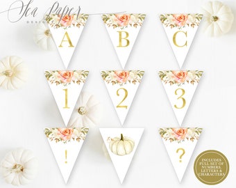 Op de afbeelding: Een set witte driehoekige vlaggen met gouden bloemmotieven en gouden letters. De vlaggen bevatten de letters A, B, C, de cijfers 1, 2, 3, een uitroepteken en een vraagteken. De tekst "INCLUDES FULL SET OF NUMBERS, LETTERS & CHARACTERS" staat in de rechterbenedenhoek van de afbeelding.