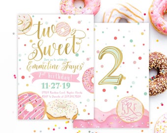 Donut "Two Sweet" Birthday Invitation, Donut Second Birthday Invitation, Donut Invitation, Girl Donut 2nd Birthday Invitation, Donut Invite