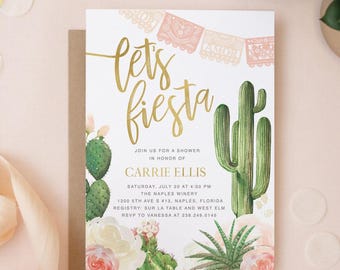Let's Fiesta Bridal Shower Invitations: Cactus Bridal Shower Printed Invites with Envelopes - Carrie | Invitation Printing or Digital