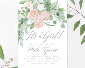 Girl Baby Shower Invitation, Floral Baby Shower Invitation Girl, Blush Pink Flowers Baby Shower Invite, Greenery Baby Shower Invite - Mila