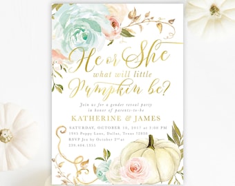 May include: A gender reveal party invitation card featuring watercolor floral illustrations in soft blue and pink tones, gold cursive text reading He or She what will little Pumpkin be?, and a white pumpkin graphic at the bottom center.