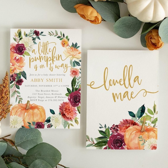 Fall Baby Shower Invitations | Pumpkin Baby Shower Printed Invites with Envelopes - Fall 7 | Invitation Printing or Digital