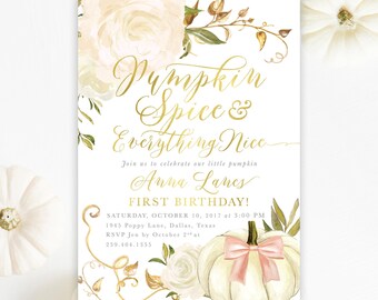 Custom Pumpkin Spice & Everything Nice Birthday Invitation Fall Girl Birthday Invite, Girl 1st Birthday - Fall 2 - Fall2BD01d